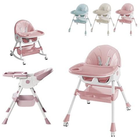 XUANYU 6 en 1 Chaise Haute Evolutive pour Bébés et Enfants, Chaise à Manger Pliable avec Hauteur en 2 Positions, Chaises Confortable pour Ilot, Cuisine et Salle à Manger (Rose-blanc)