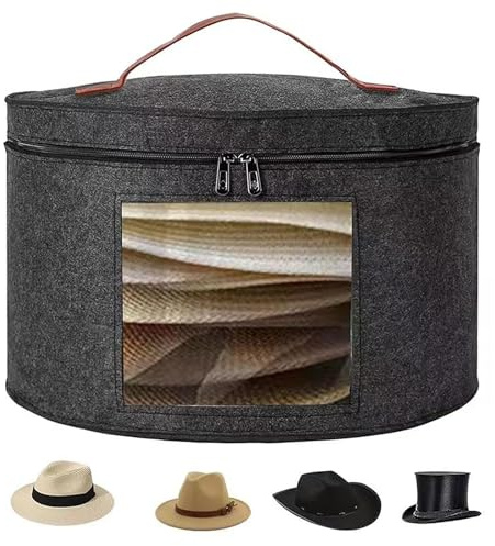 Alleshelfer Hutschachtel, Hutschachtel Rund mit Ddeckel, Hutschachtel Faltbar,Hut Aufbewahrung mit Ledergriff, Transparentes Window für Schrank oder Reise, Hut Aufbewahrungsbox 43x26cm (Dark Gray)