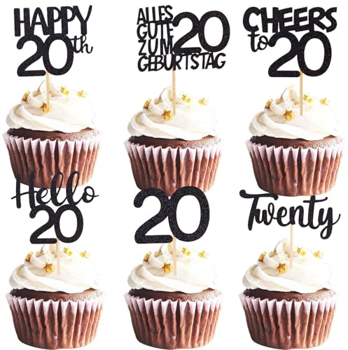 ALEGRE Cupcake Topper 20 Geburtstag Mann,24 Stück Muffin Deko 20 Geburtstag | Schwarz Glitzer Cupcake Deko 20. Geburtstagdeko, Happy 20th Tortendeko 20 Geburtstagdeko Frau, 2006 Kuchen Deko 20