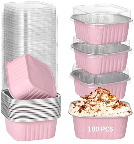 YOFAPA 100 PCS Dessert Cups With Lids, Cupcake Liners Aluminum Foil Baking Cup, Disposable Ramekins Muffin Individual Square Cupcake Container, Foil Flan Baking Cups For Party Picnic