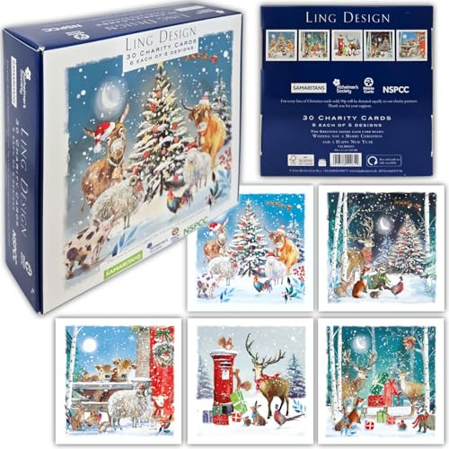 Ling Design Festive Art Premium Bumper Box of 30 Christmas CHARITY Cards - 6 Each of 5 Designs 16 x 16cm - Gloss Finish - Great British Card Company (Festive Wildlife)