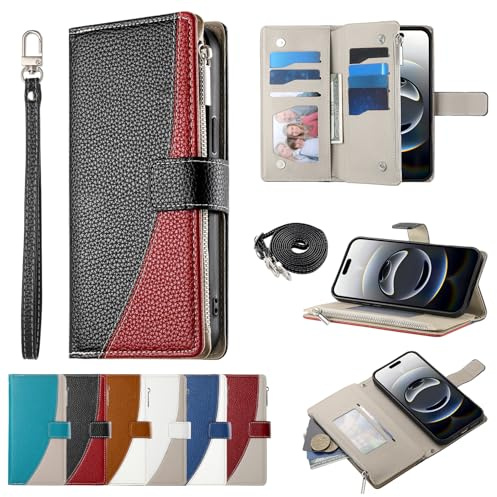 BAILI Phone Case Zipper Leather Wallet Cover for iPhone 7 with Wrist Strap Kickstand Card Holder Zip Pocket Cases for iPhone 7-Black