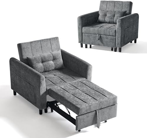 LINSY HOME 3-in-1 Schlaferstuhl, 1-Sitzer Sofa mit Schlaffunktion, Chenille Sessel Kleine mit Kissen und Seitentasche für Kleine Wohnung - Schlafbereich 74 x 190cm (Grau)