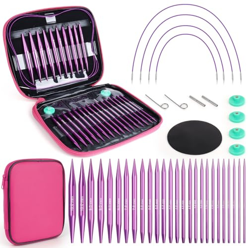 Coopay Auswechselbare Rundstricknadeln Set 3,0-10,0 mm, 40cm/60cm/80cm/100cm Stricknadeln Set Austauschbar, Stricknadeln Rundstricknadel mit Aufbewahrungstasche, Aluminium Rundstricknadel-Purple