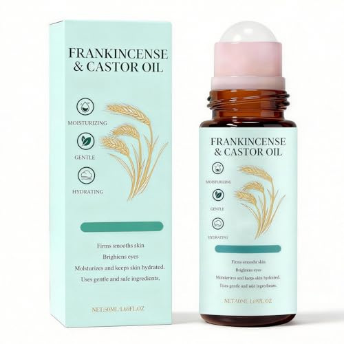 Frankincense and Castor Oil Roller – Organic Cold-Pressed Roll-On for Face & Body, Helps Firm Skin, Reduce Fine Lines & Nourish, Soothing Moisturising Oil with Rose Quartz, 50ml/1.7oz