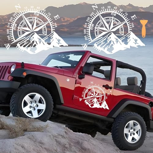 CharmVolax 2PCS Compass Mountain Car Stickers, Vinyl Auto Decal Compass Car Decal Car Bonnet Side Body Window Sticker Auto Hood Decal Auto Decor for RV Camper Caravan Jeep Truck Van, 40 * 32cm, White
