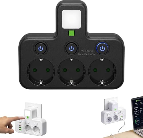 Kabellose Steckdosenleiste mit Nachtlicht, Steckdosenleiste ohne Kabel 2/3/4/5 Fach Mehrfachstecker für Steckdose mit 1 Type-C 2 USB Einzelschalter für Schlafzimmer Büro Reise (Schwarz,3 Dosen)