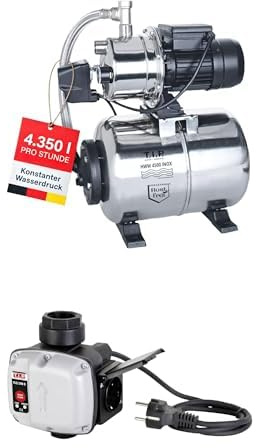 T.I.P. Hauswasserwerk HWW 4500 INOX aus Edelstahl mit 1200 W Leistung I 4350 l/h Fördermenge bis 50 m Höhe I 5 bar Druck mit Manometer I 22 L Kessel + T.I.P. Trockenlaufschutz TLS 100 E