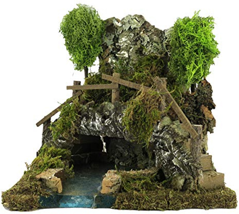 Bertoni Laghetto nella Grotta con Ponte per Presepe | Inizio di Fiume Modulare in Sughero e Legno | Linea Natale Presepi Bertoni | Prodotto Italiano | 20 x 22 x 20 cm