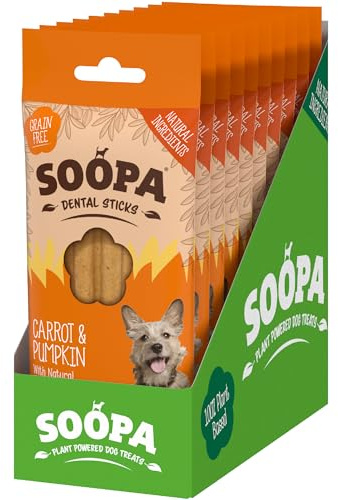 Soopa Carrot & Pumpkin Dog Dental Sticks, Human-Grade, 100 g, 10-Pack | Vegan, Dog Dental Chews to Clean Teeth, Breath Freshener, Aid Digestion, Natural, Superfood, Healthy, Grain Free Dog Treats