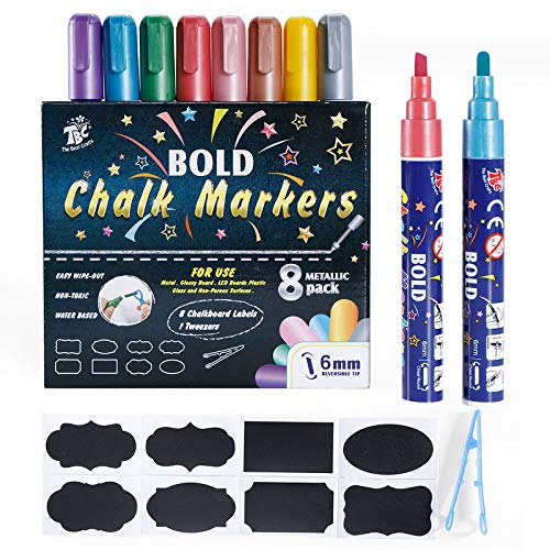 TBC pennarelli gesso liquido cancellabili, 8 colori metallizzati pennarelli cancellabili, gesso liquido per lavagna cancellabile a secco, 6 mm punta, pennarello gesso per lavagna, vetro