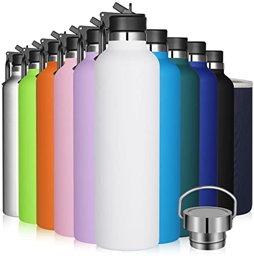 GeeRic 1L Bouteille d'eau en Acier Inoxydable Bouche Large, Bouteille d'eau en métal à Double Paroi Isotherme sous Vide, 12 Heures Chaudes et 24 Heures Froides, Blanc