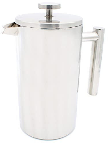 Wegardt French Press 1 Liter, doppelwandig, Kaffeebereiter mit Edelstahlfilter, Stempelkanne für Kaffee, Edelstahl glänzend