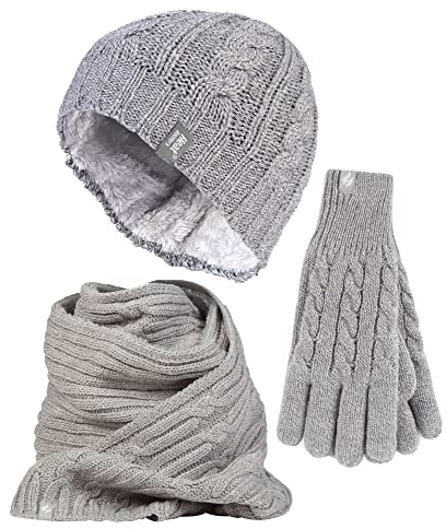 HEAT HOLDERS Damen Mutze Schal Handschuhe Set Fleece Strickmütze Winterschal Thermo Handschuhe Set (S-M, Hellgrau)