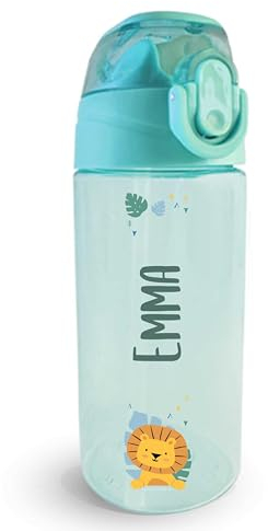 Stellasticker - Borraccia Personalizzata per Bambini con nome e un’icona - Ideale fuori casa, in gita, a scuola. Senza BPA. Lavabile in lavastoviglie, spazzola inclusa. 450 ml. (Verde chiaro)