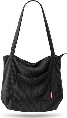 Captain Blues Cord Tasche Damen Umhängetasche mit Reißverschluss, Shopper Tasche Schultertasche Damen Groß Tote Bag für Arbeit, BüRo, Reisen, Einkaufen, Schule, Uni und Alltag (Schwarz)