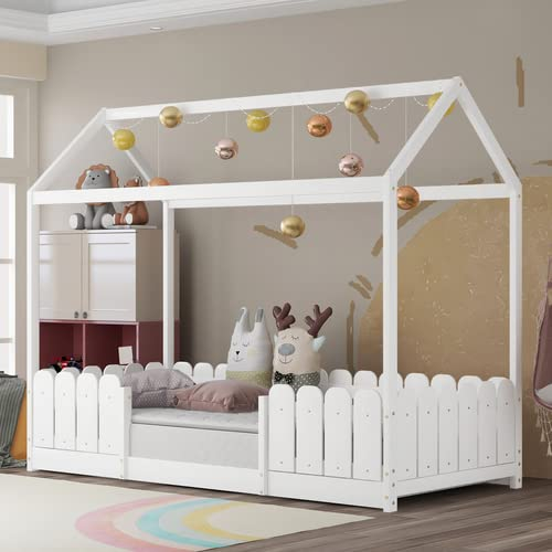 KEEPREAPER Kinderbett 90x200 cm mit Rausfallschutz und Lattenrost, Hausbett Holz für Jungen & Mädchen, Weiß (Ohne Matratze)