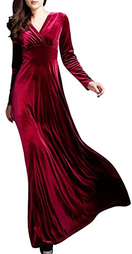 Vasreyy Damen Maxi Kleider Kleid Mit Schlitz Kleid Rückenfrei Einfarbig V-Ausschnitt Knöchel Samtkleid Hohe Taille Abendkleid Lang Elegant Velvet Maxikleid (Wein,XL)