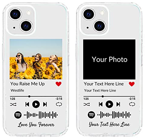 Personalisierte Handyhülle für iPhone 14, benutzerdefiniertes Foto-Song-Cover mit Spotify-Stilen, durchsichtige, weiche, selbst scannbare Handyhülle mit Musikplakette
