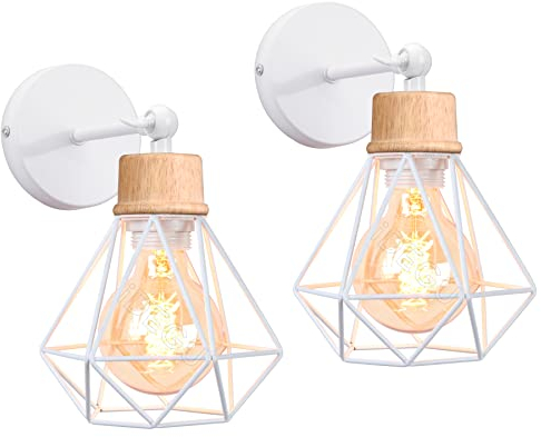 iDEGU 2 Stück Wandleuchten, Vintage Wandlampe Innen im Industrie Design 16cm Käfig Lampenschirm Weiß aus Metall und Holz Verstellbare Deckenleuchte Wandleuchte für Schlafzimmer Küche Flur