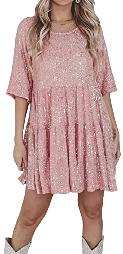 Qtinghua Glitzerndes Pailletten-Minikleid für Damen, kurzärmelig, Babydoll-Pailletten, T-Shirt-Kleid, gestuftes Tunika-Kleid, Konzert-Partykleid, rose, L