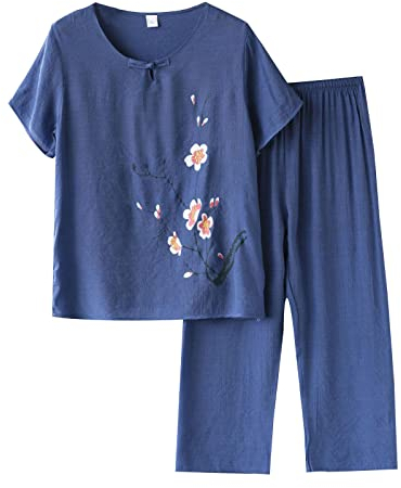 Generico Completo Donna Casual Pantalone e Top Maglia Signora Anziana Stampa del Colletto Estivo a Maniche Corte da Donna e Set a Due Pezzi in Cotone e per Anziani Comodi e Larghi