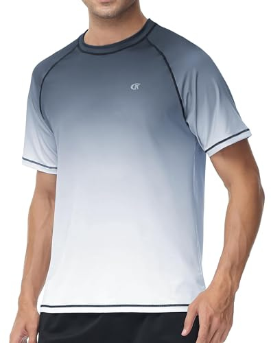 YuKaiChen Men's Rash Vest UPF 50+ Rash Guards Short Sleeve Swim Shirts UV Sun Protection Quick Dry for Surfing Diving Fishing Anthracite Gradient White M