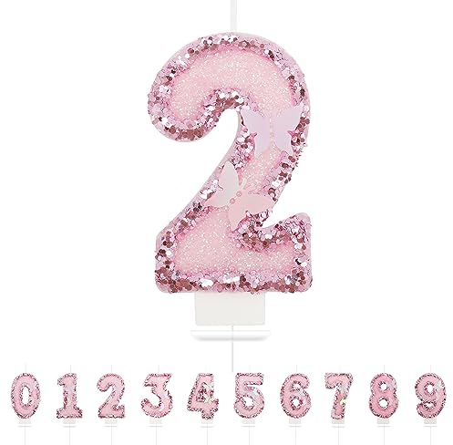 Geburtstagskerzen Zahlen 2,3D Schmetterling Geburtstagskerzen,Rosa Kerzen Geburtstag Zahl 2, Kuchen Topper Dekoration Kuchendeko Geburtstag, Geburtstagskerzen für Geburtstagsdeko