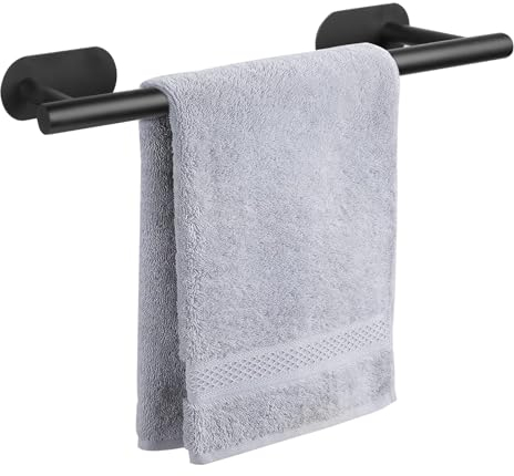 Towel Rail Self Adhesive, Stainless Steel Towel Holder Bar, No Drilling 40cm Towel Rack for Bathroom and Kitchen, Towel Hanger Bath Accessories Easy to Install (Black)