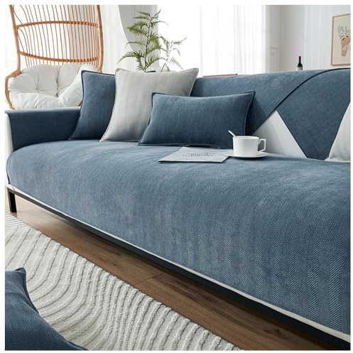 NUODWELL Chenille-Sofabezug mit Fischgrätenmuster, 1/2/3/4-Sitzer, Möbelschutz, Couchbezug, universal, rutschfest, L-Form, Couchbezug, gesteppte Eckenschonbezüge für Wohnzimmer (Graublau, 70 x 150 cm)