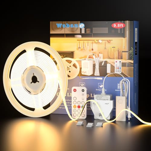WOBANE 3m LED Strip Light Dimmable,960 LEDs,CRI90+,Super Bright 12V COB Dotless Tape Lights with Remote,Warm White Under Cabinet Lighting for Kitchen,Desk,Shelf,DIY Decor,1500 Lumen,3000K