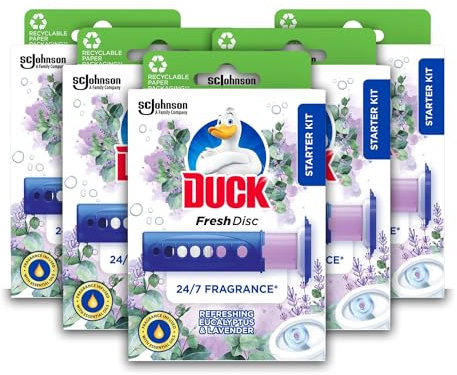 Duck Fresh Discs Toilet Cleaner Starter Kit, Fights Stains That Harbour Germs, Prevents Limescale Build Up, Eucalyptus & Lavender, Pack of 5 (Each Kit contains 1 Holder + 1 Refill Tube)