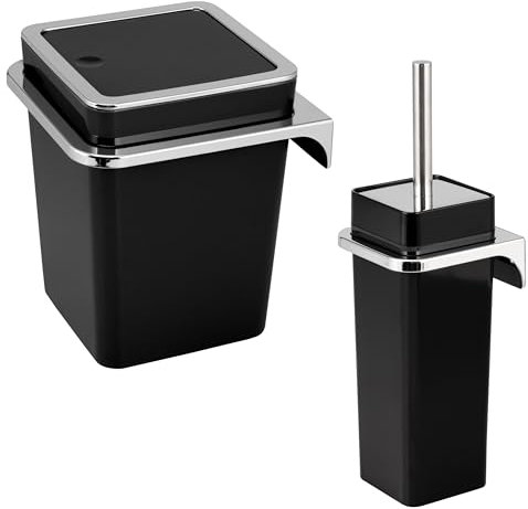 bremermann Savona Ensemble de Salle de Bain 2 pièces avec Poubelle de Salle de Bain 6 l et Brosse WC avec Support Mural carré (Plastique-Noir)