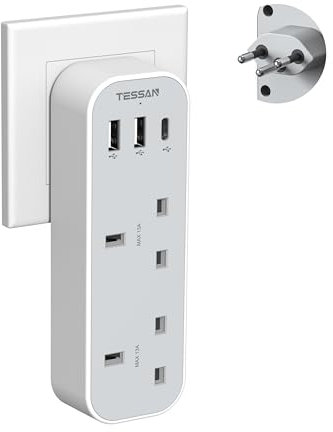 UK to Swiss Plug Adapter, TESSAN UK to Switzerland Plug Adapter with 3 USB Ports (1 USB C), 2 Way Grounded Type J Travel Adaptor for Jordan, Liechtenstein, Madagascar, Rwanda