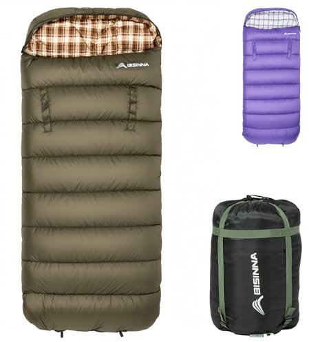 BISINNA XXL Flannel Wareable Schlafsack mit Kissen 3-4 Saison für Erwachsene & Kinder Warmer Leichter Schlafsack Wasserdicht für Wandern Backpacking Camping mit Kompressionssack (grün)