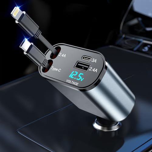 100W Retractable Car Charger 4 in1 Fast Car Phone Charger Adapter with 2.7Ft Retractable Cables(Type-C & Lighning) & 2 USB Ports, Car Charger for iPhone 15 14 13 12 Pro Max Plus/Samsung/Huawei/Xiaomi