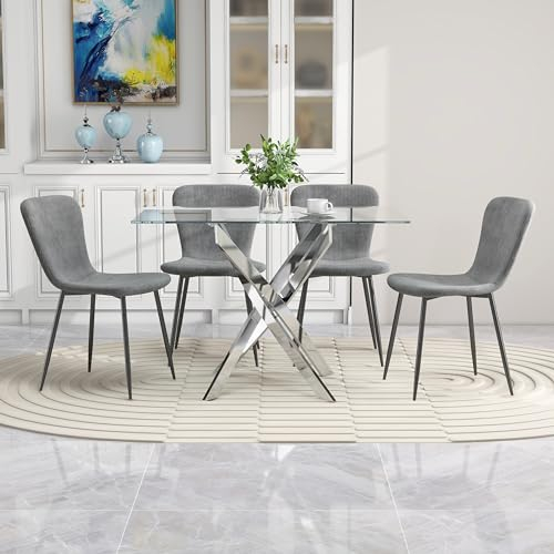 GOLDFAN Esstisch Set mit Glas Esstisch und 4 Esszimmerstühle und Quadratischer Tisch für Wohnzimmer Küche Büro