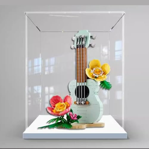 Acryl-Displaybox für Lego 31156 Tropical Wind Ukulele, transparente, staubdichte Displaybox, kompatibel mit Lego 31156 Bauset (Modell nicht im Lieferumfang enthalten) (weißer Sockel)