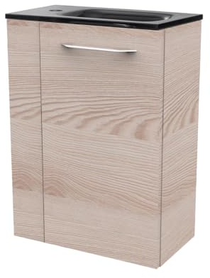 FACKELMANN B.CLEVER Gäste-WC Set 2 Teile – Waschtischunterschrank in Holz Braun mit Waschbecken aus Glas in Anthrazit – SBC Waschbeckenunterschrank schmal – Türanschlag rechts – 45 cm breit