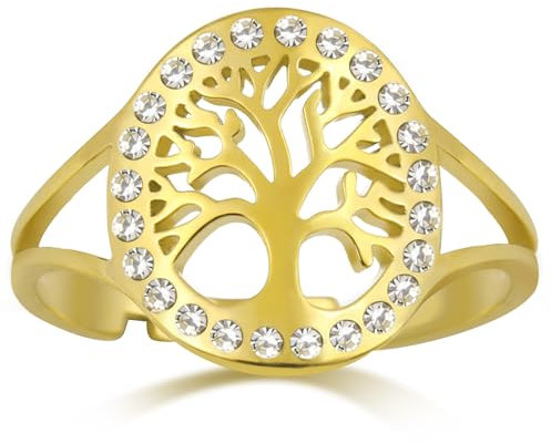 Dreamtimes Tree of Life Rings for Women Adjustable Opening Ring Stainless Steel Gold Color Clear Zircon Round Rings Family Tree Fashion Charm Luxury Jewelry Wedding Ring (Gold)