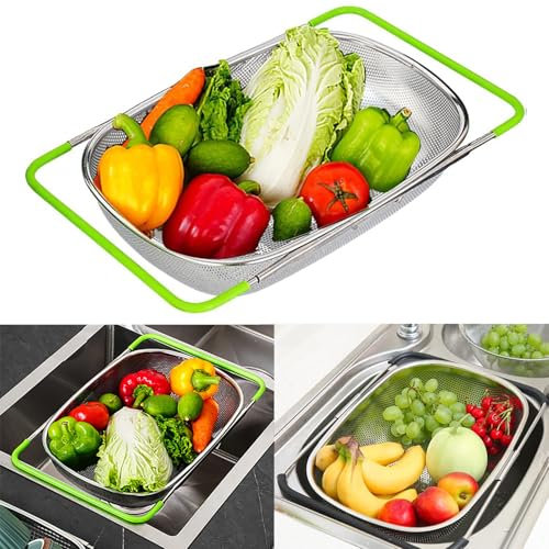 Passoire Evier, Passoire Cuisine Inox, Passoire Pliable, Passoire Fine Cuisine, Pour Laver Les Légumes Et Les Fruits, Extensible, Ustensiles De Cuisine (Vert, Perforé)