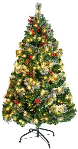 FIVMEN Weihnachtsbaum Künstlich mit Beleuchtung 150 cm PVC Tannenbaum Christbaum Künstlicher mit 260 LED und Ständer Unechter Weihnachtsbäume Weihnachten Deko, mit Kiefernzapfen und Beeren