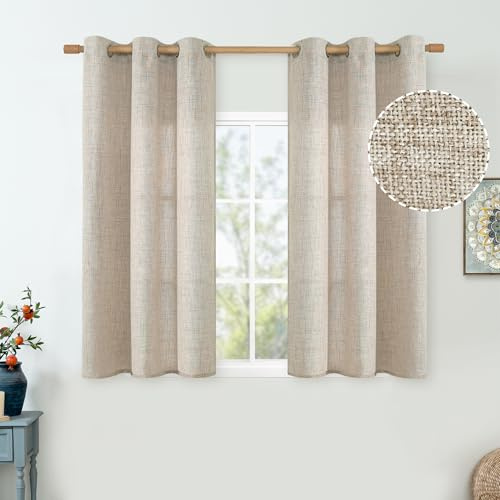 QUEMAS Kitchen Curtains Sets for Window 45 Inch Length for Small Window, Linen Curtains Light Filtering Burlap Semi Sheer Non See Through Grommet Curtains for Bedroom Farmhouse, 42 Inch Wide, Natural