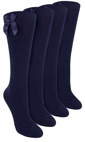 Sock Snob Girls 4 Pack Knee High School Socks with Ribbon Bow Kids Plain Long Socks (4-6 Years, Navy)