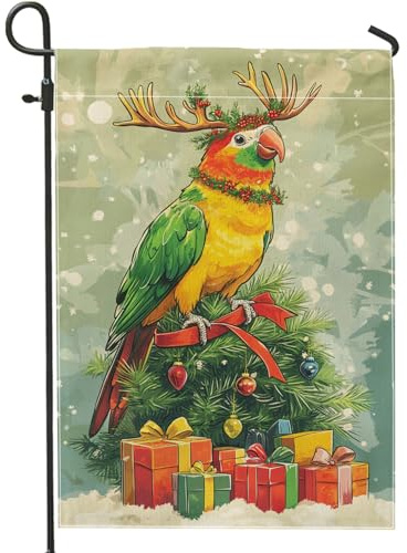 Bandiera da giardino pappagallo di Natale, bandiere per decorazione all'aperto, uccelli verdi e gialli, bandiera in tela di iuta double face per festa decorazione prato di Natale, 12x18