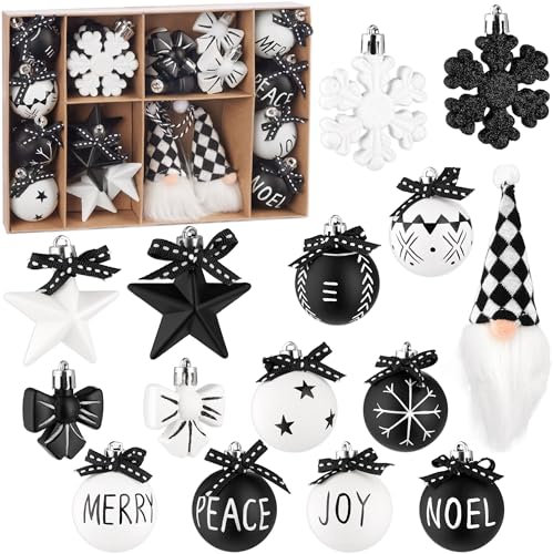 BRUBAKER 24 Stück Christbaumschmuck Black and White - Weihnachtskugel Set mit Wichtel Zwergen, Schneeflocken, Merry, Peace, Joy und Noel Baumkugeln mit schwarzen Schleifen - Weiß und Schwarz