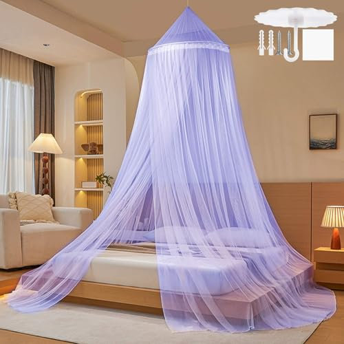 PUERHUACI Zanzariera Letto Matrimoniale Singolo,Mosquito Net a Cupola in Poliestere Baldacchino con Kit Sospensione,Viola Zanzariera Portatile a Maglie Sottili da Viaggio e Casa Adatto 60x250x1100cm