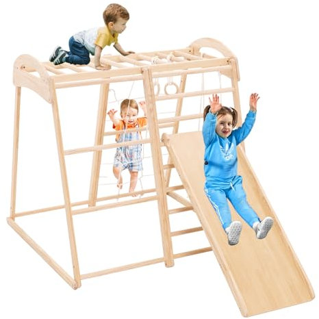 Siairo 8 en 1 Aire de Jeux Intérieure en Bois Enfant, Aire de Jeux intérieure Jeu d'escalade en Bois avec Toboggan, Mur d'escalade, Filet à Grimper, Balançoire, Coloris Naturel