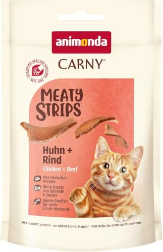 animonda Carny Adult Meat Strips Huhn+Rind (10 x 50g), Softer Premium Katzensnack für Erwachsene Katzen mit viel frischem Fleisch und Fisch