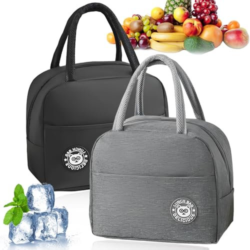 2 Stück Kühltasche Klein, Schwarz und Grau Lunchtasche Mini Kühltasche Tasche Tragbare Faltbar Lunchbag für Picknick, Schule, Büroarbeit Reisen